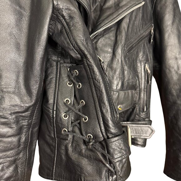 Vintage 90s Black Leather Motorcycle Jacket With Belt Zip Out Liner - Picture 6 of 13